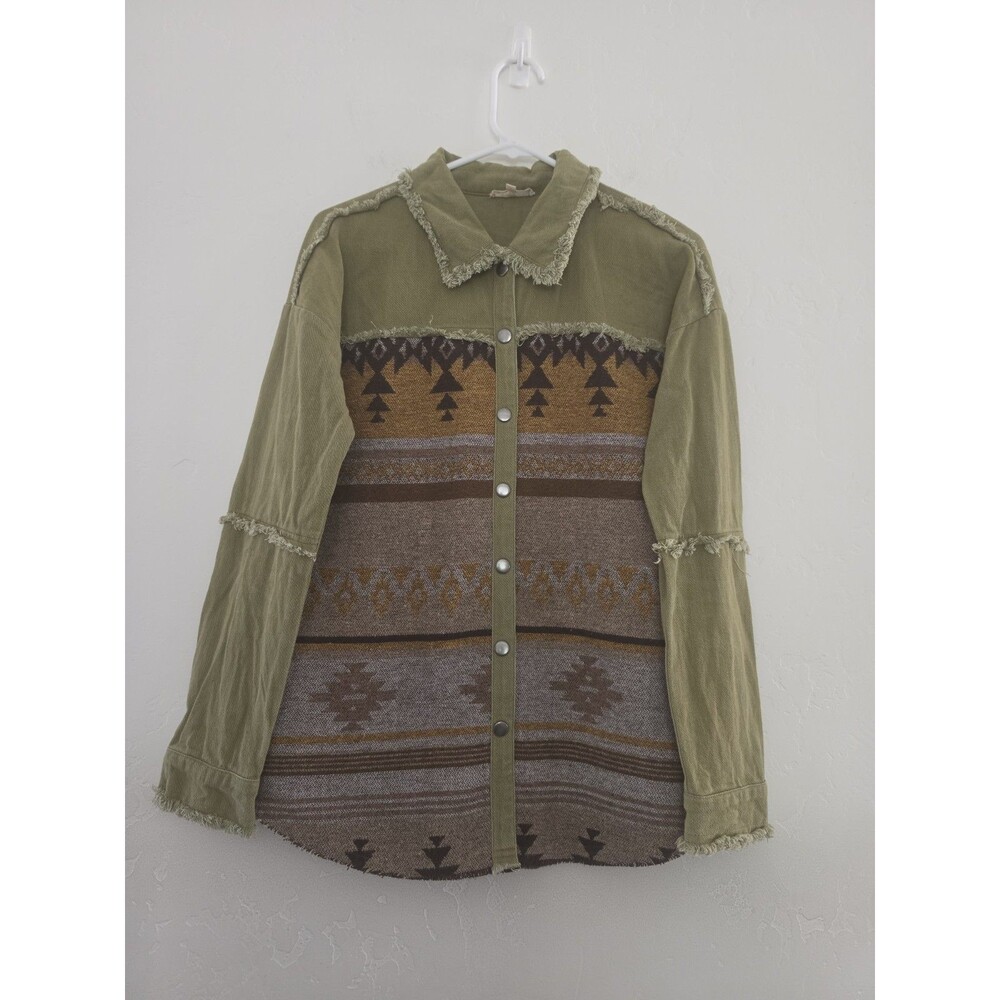 Mystree Women's Olive Green Aztec Trucker Jacket Boho Size Small